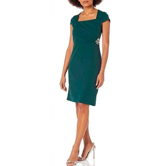 NWT Ignite Evenings Size 14 Solid Green Cap Sleeve Dress Embellished Square Neck - Picture 1 of 13
